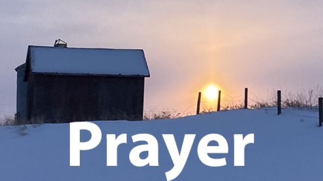 Prayer banner of winter cabin in snowy sunset