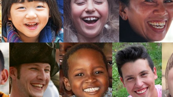 two rows of laughing faces of various ages and races