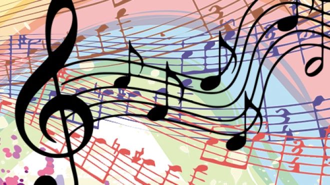multicoloured pastel illustraton of wavy music scores