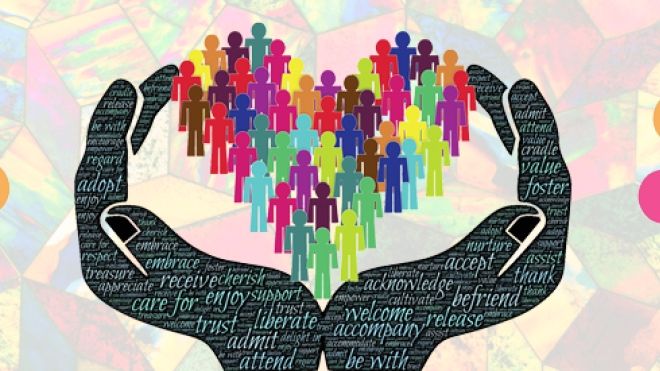 illustration or cupped hands embracing people in rainbow colours