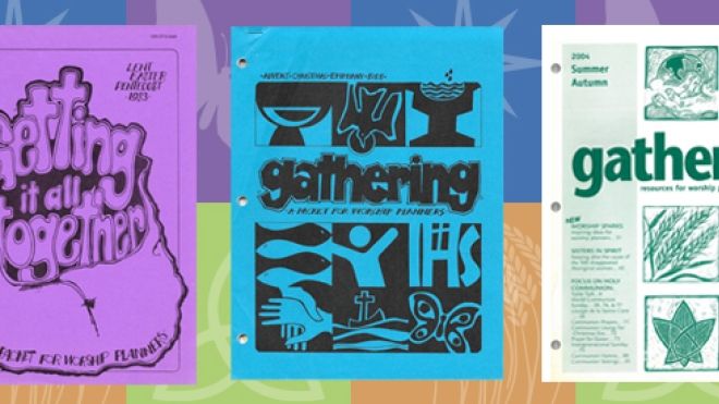 Colourful section of covers of Gathering magazine over the years
