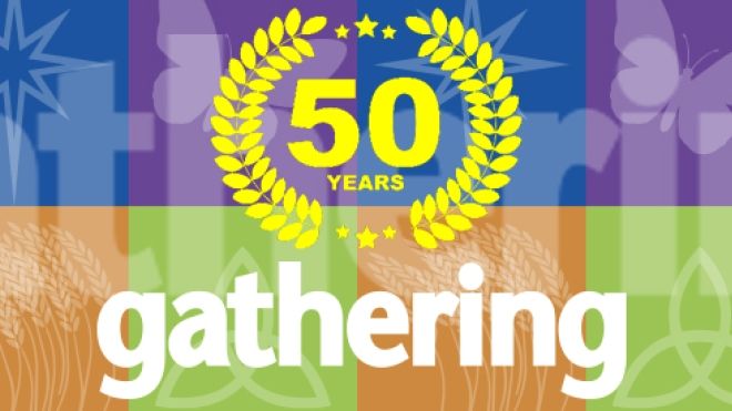 colourful 50 anniversary banner with gold laurel