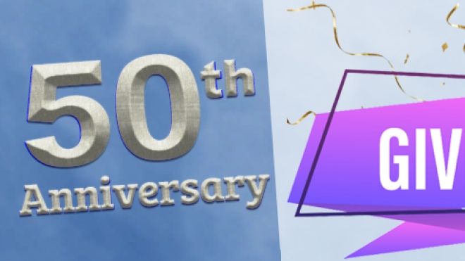50th anniversary giveaway banner purple graphic
