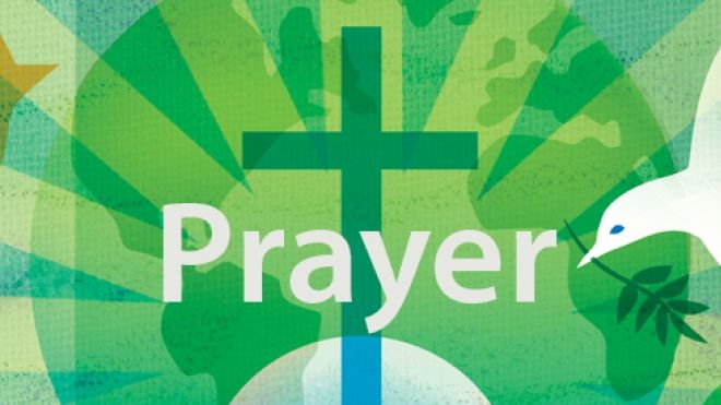 Green banner for Pentecost 1 with the word Prayer