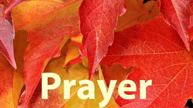 closeup of red leaves in fall with the word Prayer
