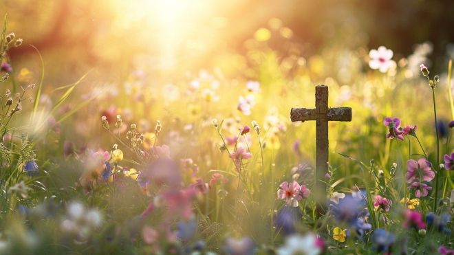 small cross in a field of sunlit wildflowers