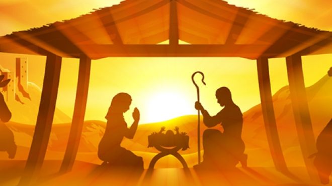 Nativity scene illustration with Mary, Joseph, and Jesus