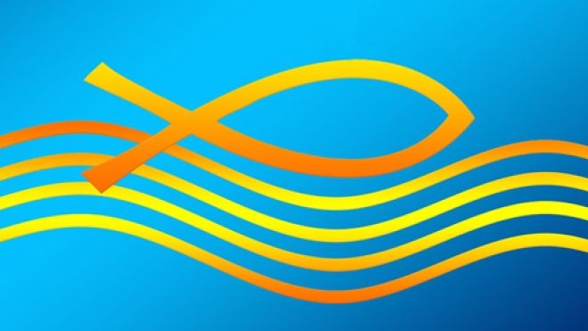 gold coloured fish representing Jesus on stylized waves in a blue backgound