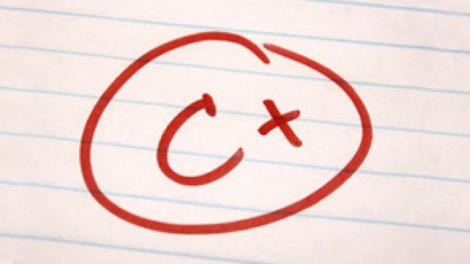 a C+ grade in red on lined paper