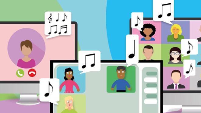 colourful drawing of people on screens with music notes on top