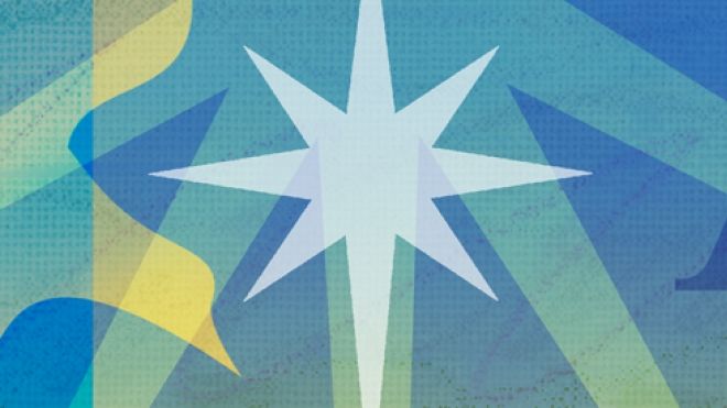 Blue advent seasonal banner with dove, star, alpha and omega