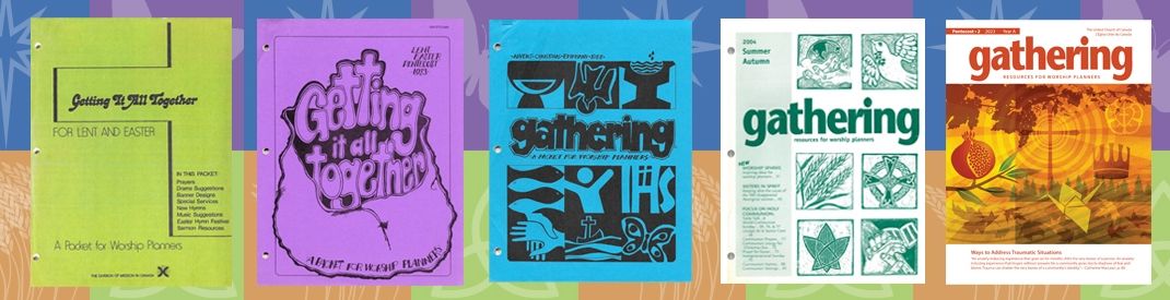 Colourful section of covers of Gathering magazine over the years