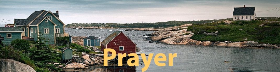 P1 prayer banner nature rocky coast Photo of a rocky east coast inlet with cabins