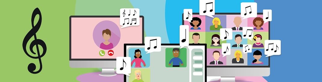 WHAT I LEARNED ABOUT MUSIC LEADERSHIP IN THE PANDEMIC colourful drawing of people on screens with music notes on top