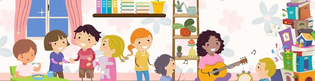 children at a day care playing and singing to guitar