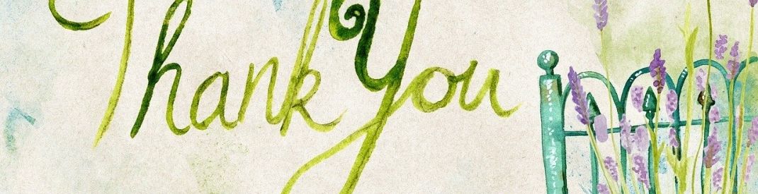 watercolour green words Thank You with pink flowers