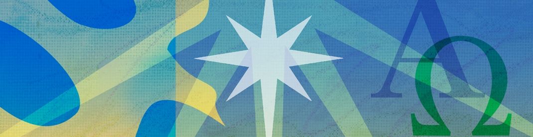 Blue advent seasonal banner with dove, star, alpha and omega